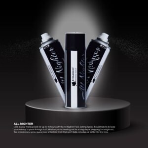 A sleek black-and-white makeup fixer spray bottle with a glossy black cap, minimalist black body, stylish white text reading 'All Nighter Makeup Fixer Spray', and a visible thin white reflective line running vertically on one side of the bottle for added realism.