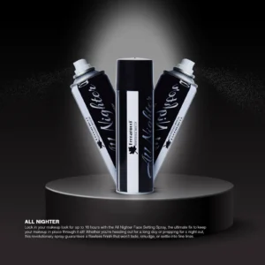 A sleek black-and-white makeup fixer spray bottle with a glossy black cap, minimalist black body, stylish white text reading 'All Nighter Makeup Fixer Spray', and a visible thin white reflective line running vertically on one side of the bottle for added realism.