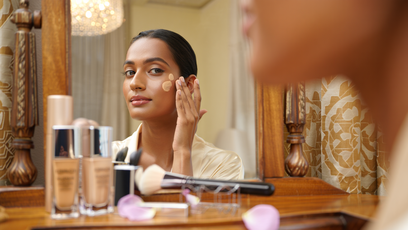 Middle Eastern model applying foundation, creating a luxurious beauty atmosphere in Dubai.