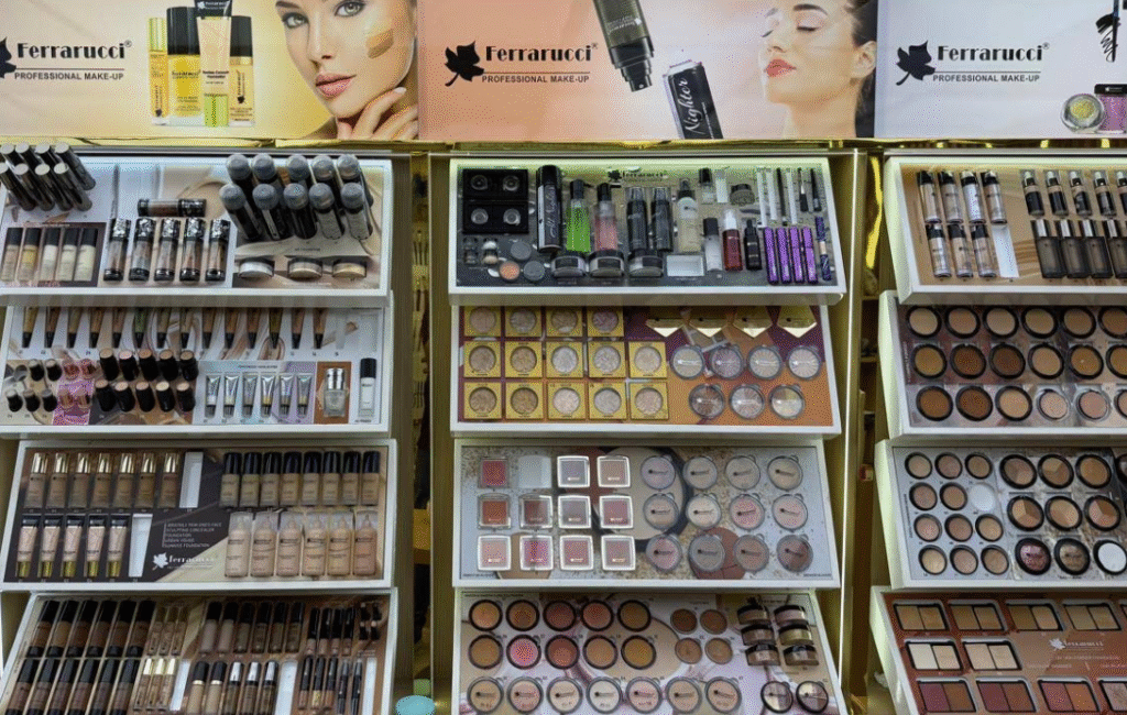 Inside Ferrarucci Cosmetics store showcasing makeup products