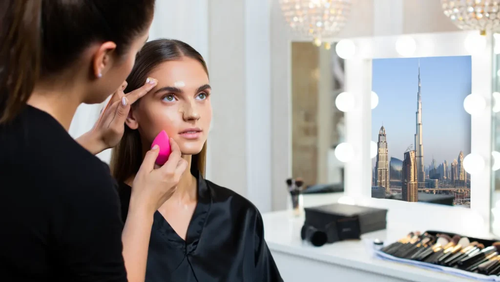 Foundation application in Dubai makeup studio with Burj Khalifa view