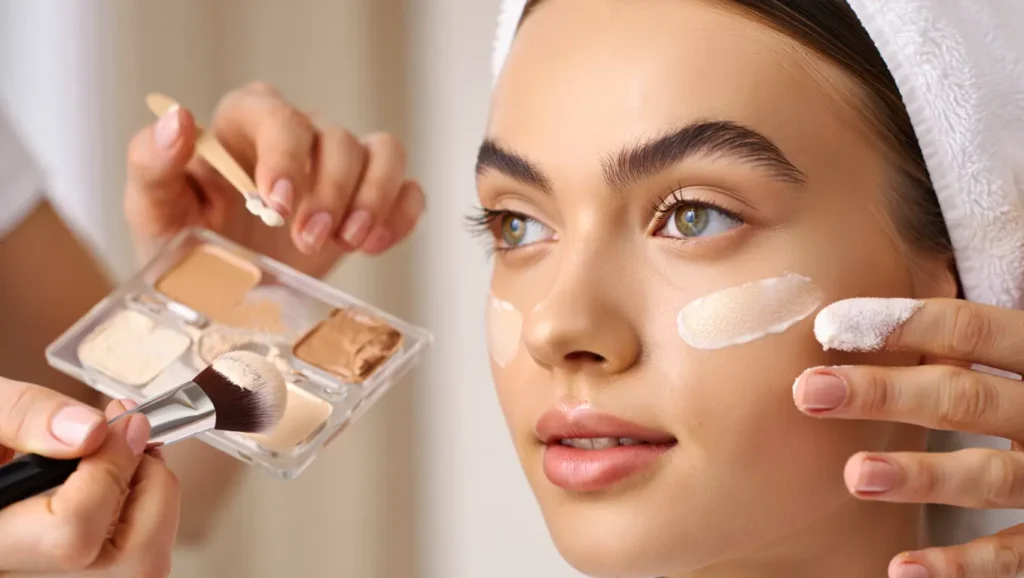 Editorial-style image of strobe cream application with close-up focus on glowing, fresh skin.