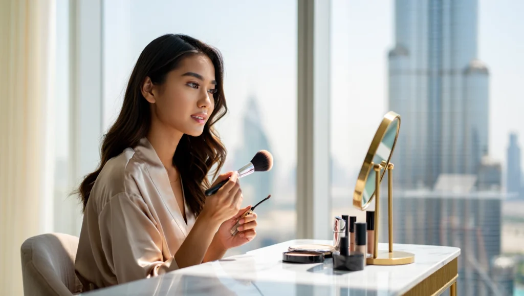 Woman applying face oil primer step by step on skin