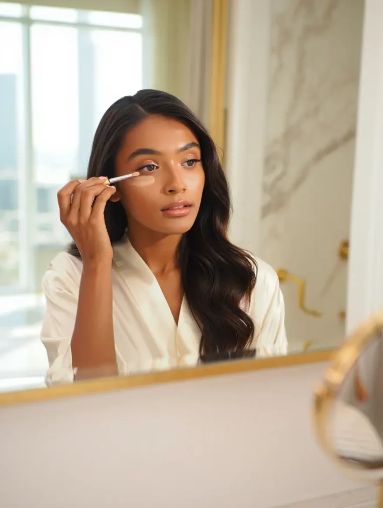 Elegant woman applying unbranded concealer in a clean, minimal Dubai luxury beauty aesthetic with soft natural lighting