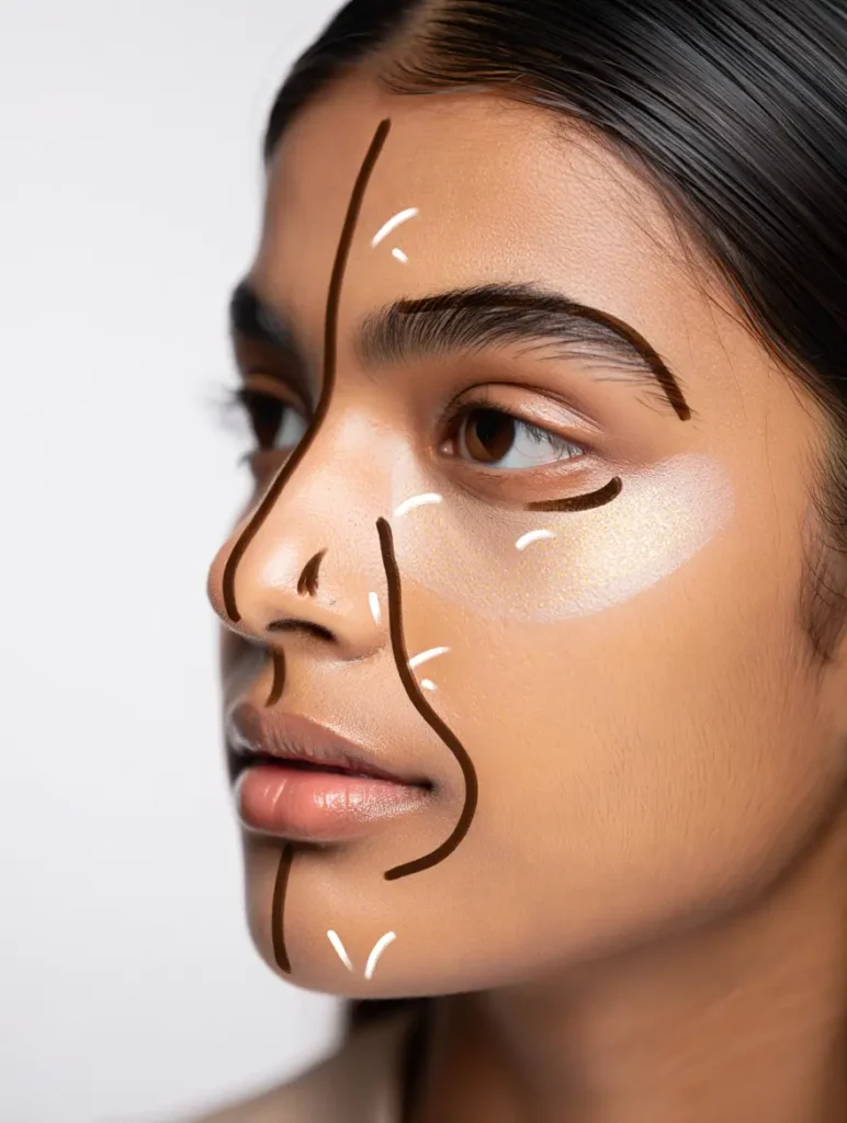 Close-up of a model applying nose contour with brush, highlighting precise contour lines and sharp nose definition, minimal aesthetic background