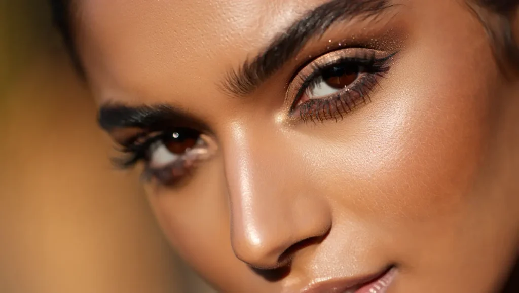 Close-up of a model with sharp cheekbones and perfect contour makeup, soft lighting, luxury Dubai beauty style