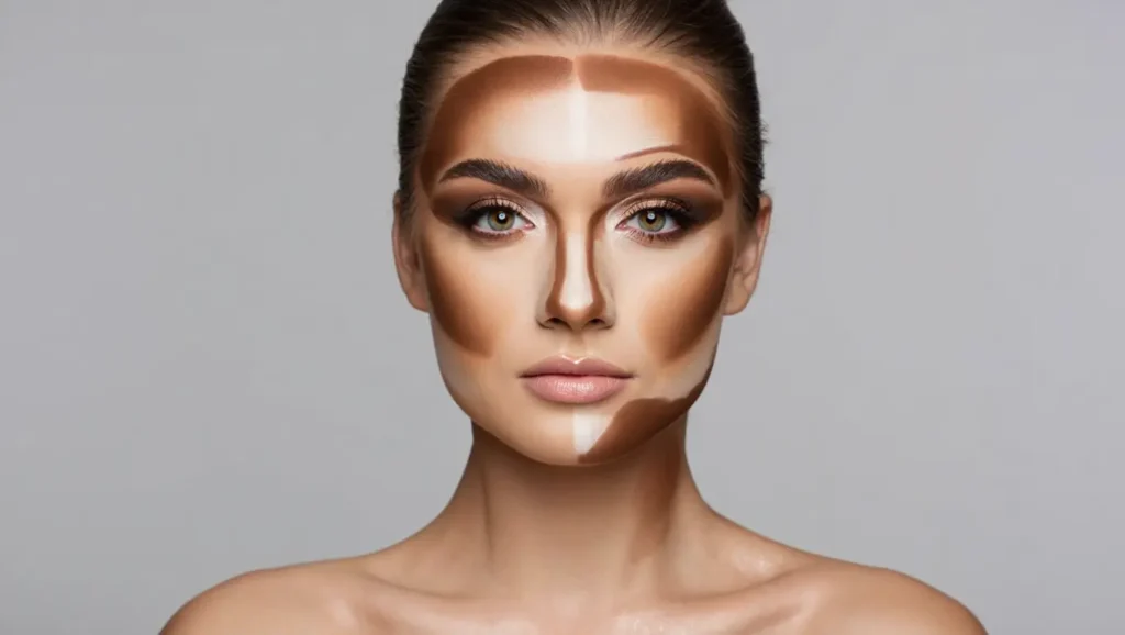 Split image showing a woman before and after contour makeup, highlighting cheekbones and jawline Alt Text: contour makeup before and after results