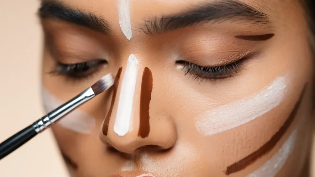 A step-by-step visual guide showing nose contouring using makeup, highlighting contour lines and blending technique on an Indian model, soft natural lighting, clean beauty setup