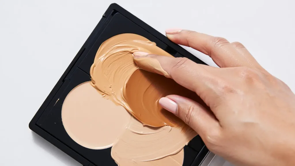 makeup artist mixing foundation shades on palette, studio lighting, close-up professional shot Alt Text: how makeup artists mix foundation shades