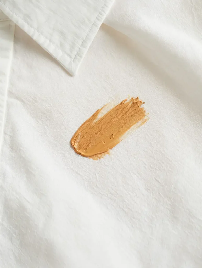 close-up of foundation stain on shirt collar, realistic fabric texture, natural lighting.