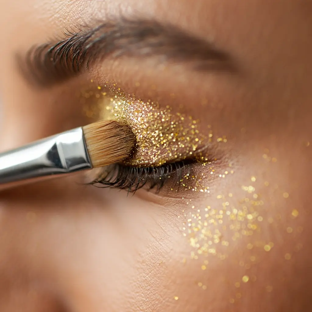 Woman applying glitter eyeshadow with a makeup brush for a glamorous eye makeup look Prompt: A close-up beauty shot of a woman applying gold glitter eyeshadow using a flat makeup brush, soft studio lighting, glamorous makeup setup, professional beauty photography, luxury cosmetic aesthetic