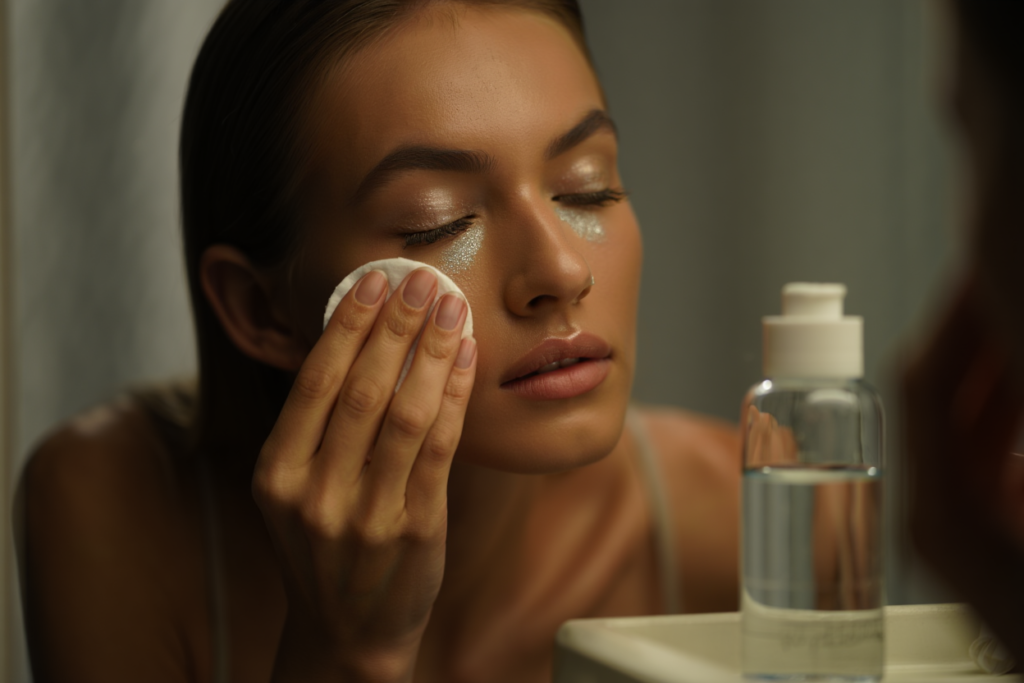 Woman removing glitter makeup from skin using micellar water and cotton pad
