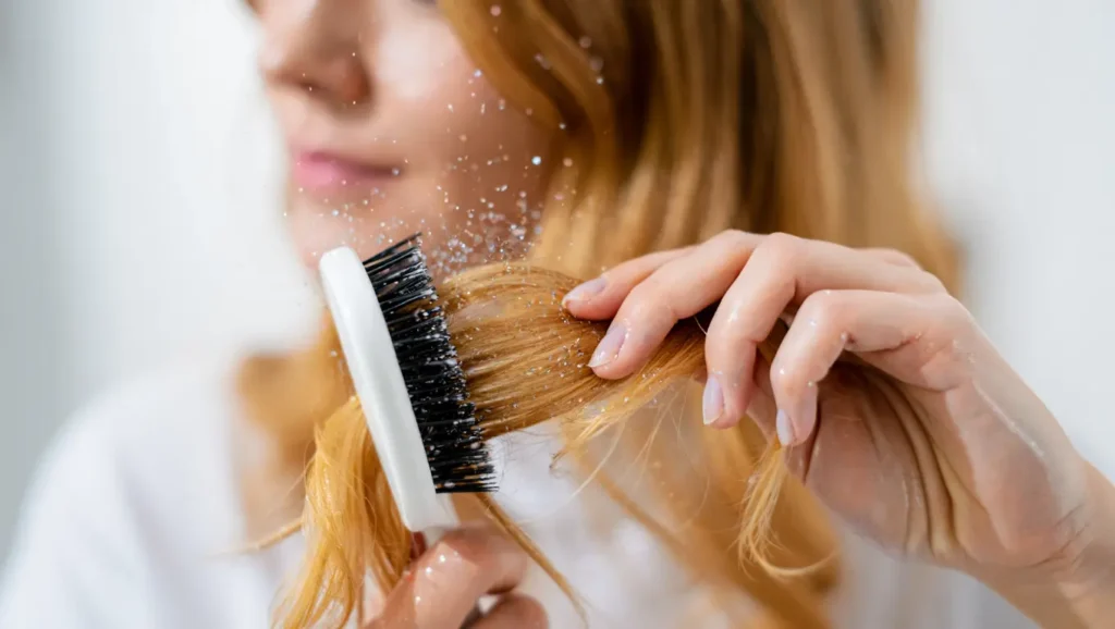 Woman removing glitter from hair using hair oil and brush