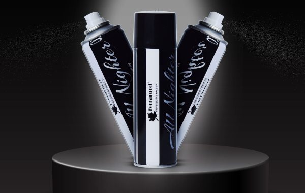 A sleek black-and-white makeup fixer spray bottle with a glossy black cap, minimalist black body, stylish white text reading 'All Nighter Makeup Fixer Spray', and a visible thin white reflective line running vertically on one side of the bottle for added realism.